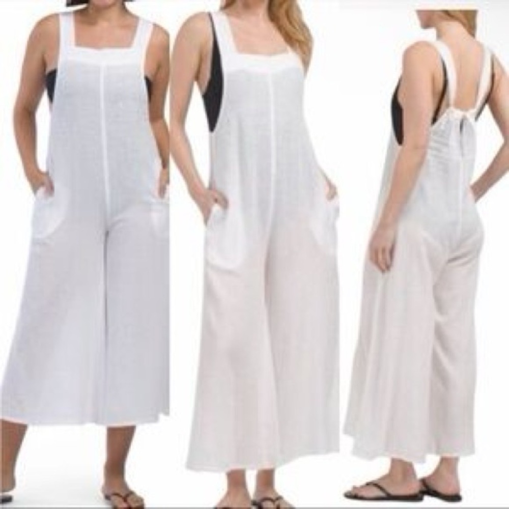 HAUTE HIPPIE Women's Linen Sleeveless Wide Leg Jumpsuit Coverup White XL - Picture 1 of 12